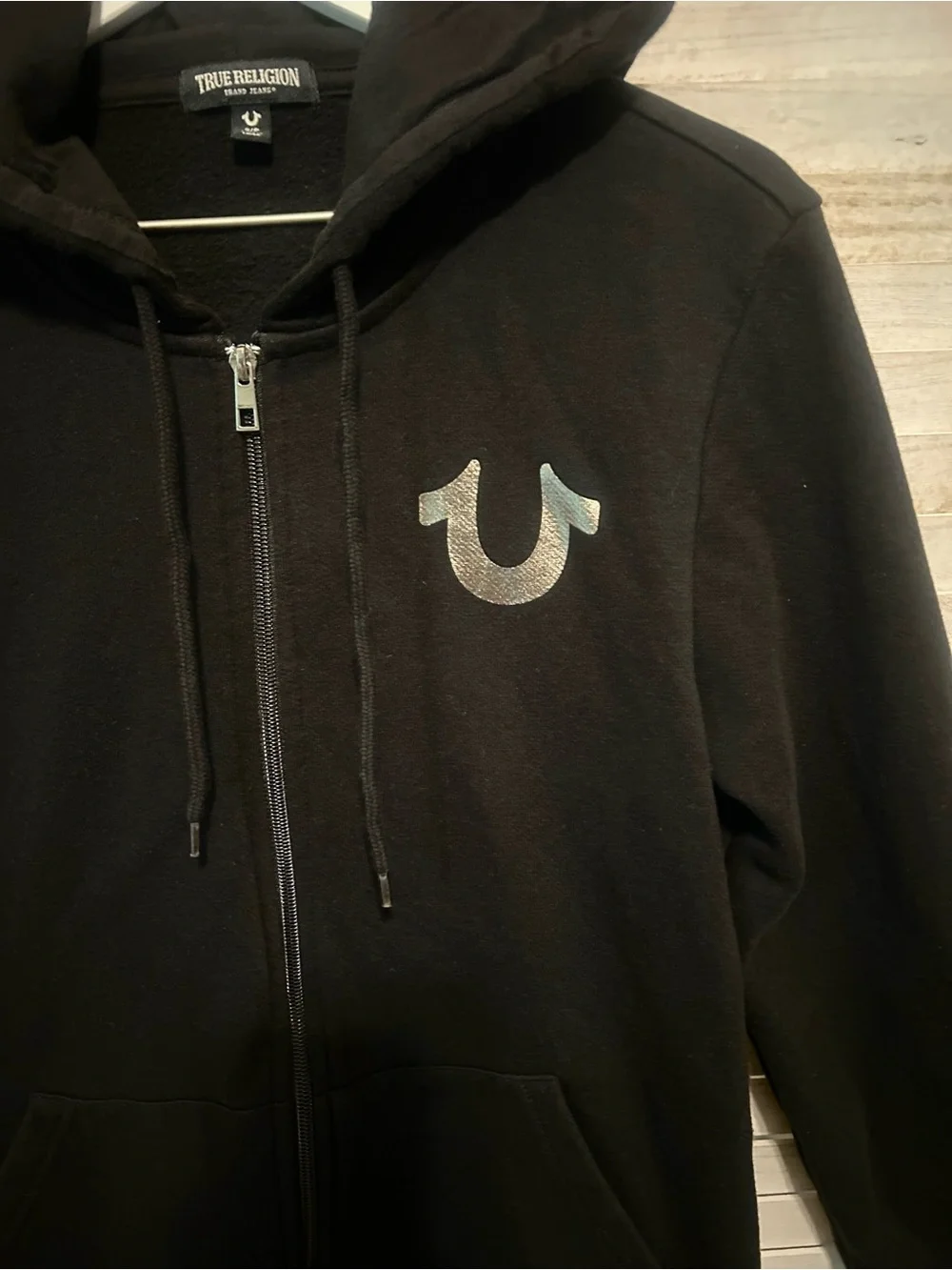 True Religion Men’s City Buddha Black Zip Hoodie with Metallic Logo. Size Small